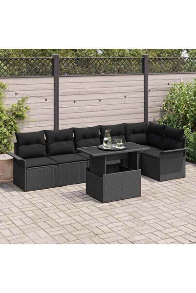 vidaxl Set de canapele pentru gradina cu perna 7 pcs Negru Rattan poli