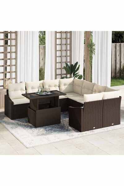 vidaxl Set de canapele pentru gradina cu perna 9 pcs Maro poliratan