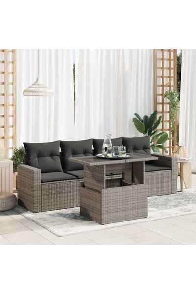 vidaxl Set canapea de gradina cu perne, 5 piese, gri, poliratan