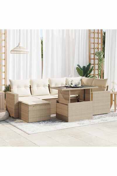vidaxl Set canapele de gradina, 7 piese, cu perne, bej, poliratan