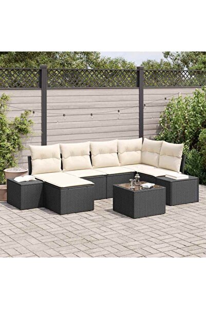 vidaxl Set de canapele pentru gradina 7 pcs negru È™i crem Rattan poli