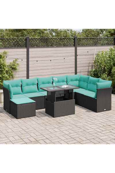 vidaxl Set mobilier gradina perne 9 piese negru poliratan/lemn acacia