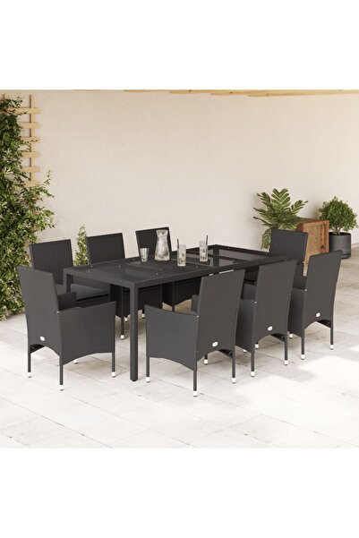 vidaxl Set mobilier de gradina cu perne 9 piese negru poliratan&sticla