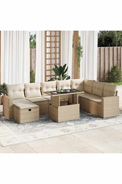 vidaxl Set canapele de gradina, 9 piese, cu perne, bej, poliratan