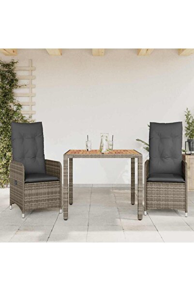 vidaxl Set bistro de gradina cu perne, 3 piese, gri, poliratan