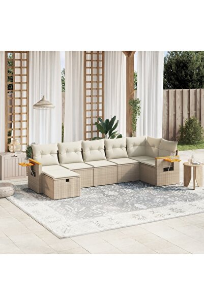 vidaxl Set canapele de gradina, 7 piese, cu perne, bej, poliratan