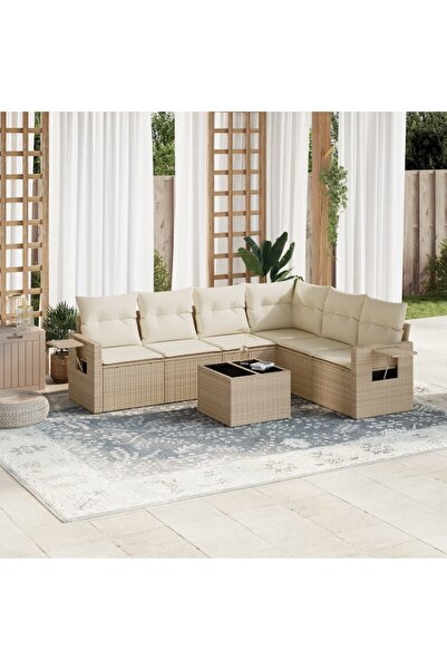vidaxl Set canapele de gradina, 7 piese, cu perne, bej, poliratan