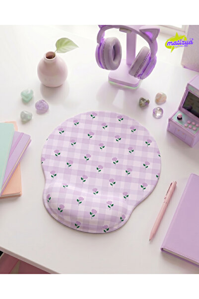 matizya Lila Kareli Çiçek Desenli Bilek Destekli Mouse Pad Ergonomik Jel Mous...