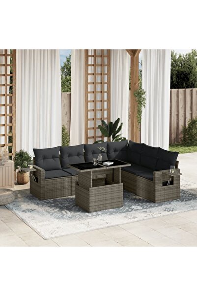 vidaxl Set canapele de gradina, 7 piese, cu perne, gri, poliratan