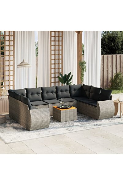 vidaxl Set mobilier de gradina cu perne, 10 piese, gri, poliratan