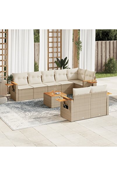 vidaxl Set canapele de gradina, 9 piese, cu perne, bej, poliratan