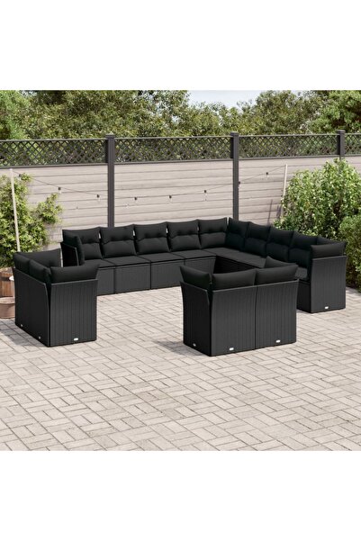 vidaxl Set mobilier de gradina cu perne, 13 piese, negru, poliratan