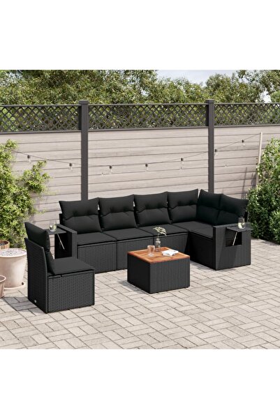 vidaxl Set canapele de gradina cu perne, 7 piese, negru, poliratan