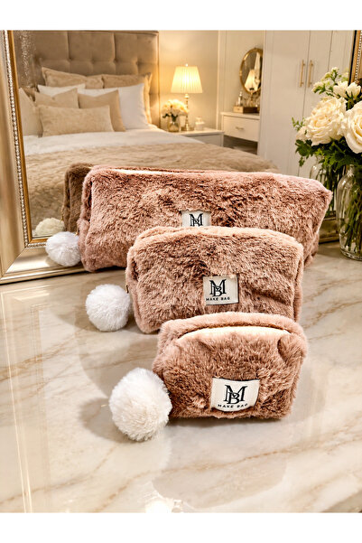 MAKE BAG KAHVERENGİ PONPONLU PELUŞ 3'LÜ SET MAKYAJ ÇANTASI
