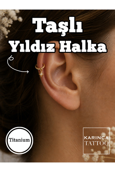 Karınca Piercing Yıldız Taşlı Altın Rengi Halka Titanyum Piercing