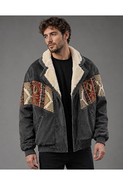 CANMODA (7979) Recien Unisex Fur Collar Vintage Aztec Jacket Oversize 90S Coa...