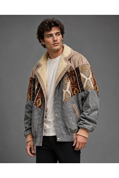 CANMODA (8000) Recien Unisex Fur Collar Vintage Aztec Jacket Oversize 90S Coa...