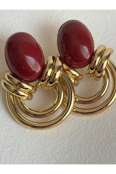 BHR AKSESUAR Gold Color Burgundy Earrings (3.2 cm)