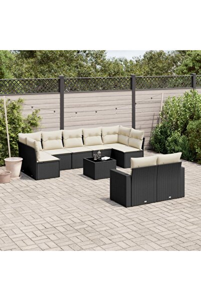 vidaxl Garden sofa set with cushions, 10 pieces, black, polyrattan