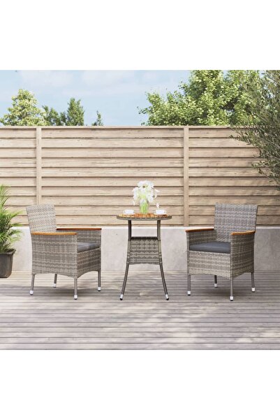 vidaxl Set bistro de gradina cu perne, 3 piese, gri, poliratan