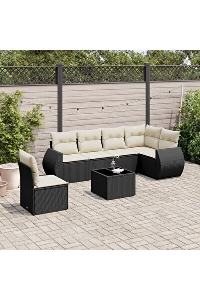 vidaxl Garden sofa set with cushions, 7 pieces, black, polyrattan