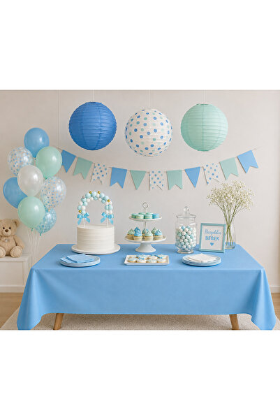 Bulout Mavi Beyaz Baby Shower Parti Seti – 3’lü Kağıt Fener, Balon Standı, Pa...