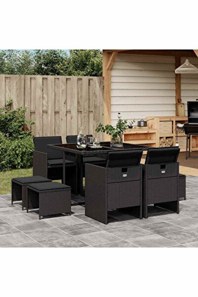 vidaxl Garden furniture set with cushions, 9 pieces, black, polyrattan
