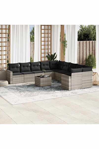 vidaxl Garden sofa set with cushions, 11 pieces, grey, polyrattan