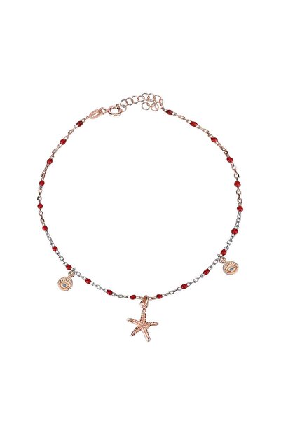 Emiliano Jewellery Rose Altın Kaplama Kırmızı Mineli Deniz Yıldızlı Gümüş Halhal