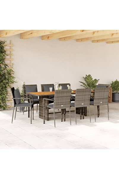 vidaxl Garden furniture set with cushions, 9 pieces, grey, polyrattan
