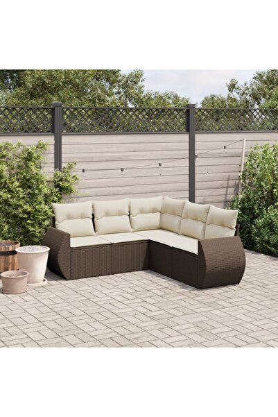 vidaxl Garden sofa set with cushions, 5 pieces, brown, polyrattan