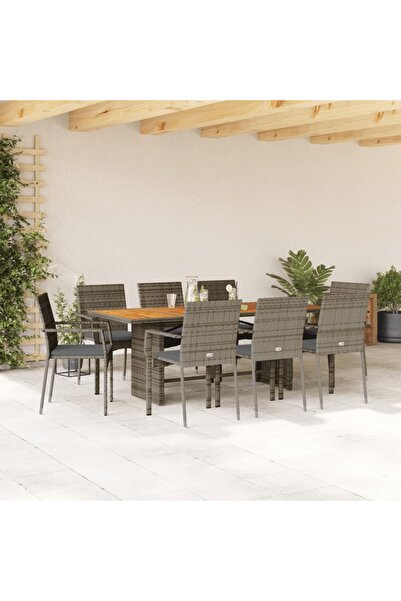 vidaxl Garden furniture set with cushions, 9 pieces, grey, polyrattan