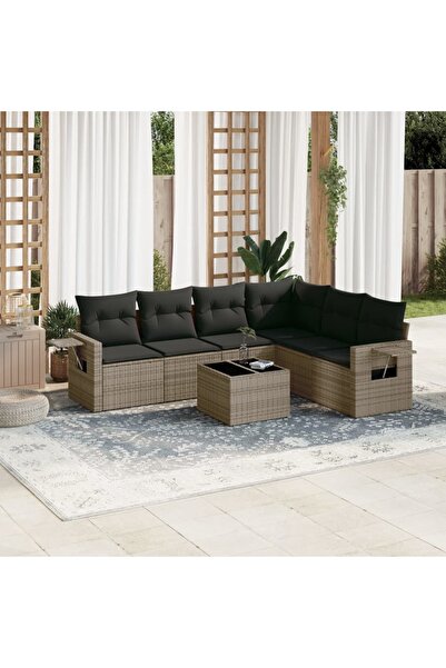 vidaxl 7-piece garden sofa set with cushions, grey, polyrattan