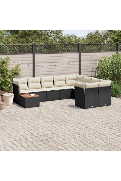 vidaxl Garden sofa set with cushions, 10 pieces, black, polyrattan