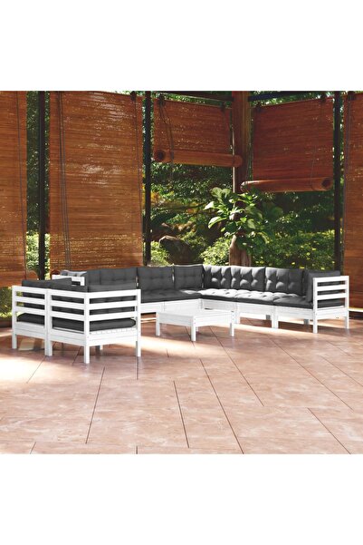 vidaxl Set mobilier gradina cu perne, 10 piese, alb, lemn masiv pin