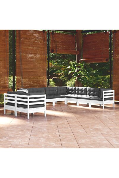 vidaxl Set mobilier de gradina cu perne, 9 piese, alb, lemn masiv pin