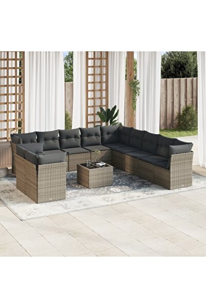 vidaxl Garden sofa set with cushions, 12 pieces, grey, polyrattan