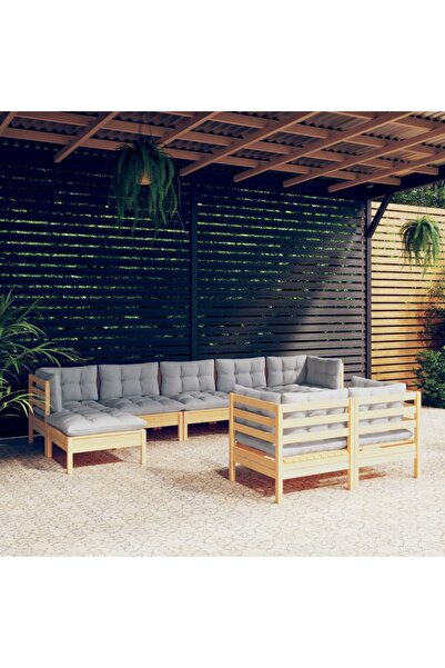 vidaxl Set mobilier de gradina cu perne gri, 9 piese, lemn masiv pin
