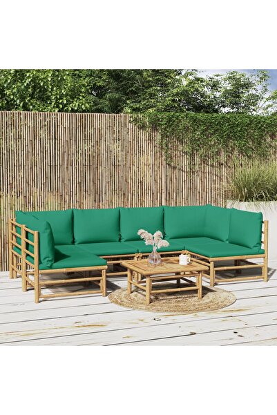 vidaxl Set mobilier de gradina cu perne verzi, 7 piese, bambus