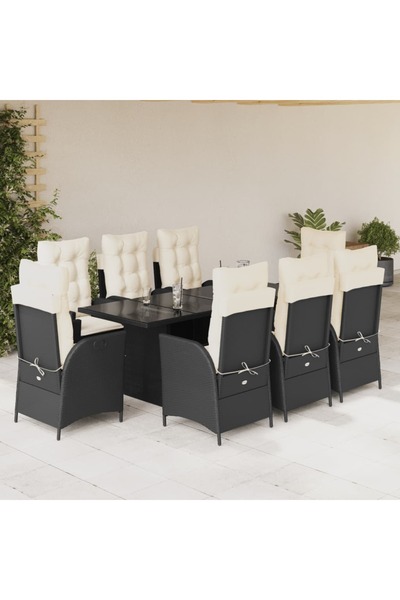 vidaxl Garden furniture set with cushions, 9 pieces, black, polyrattan