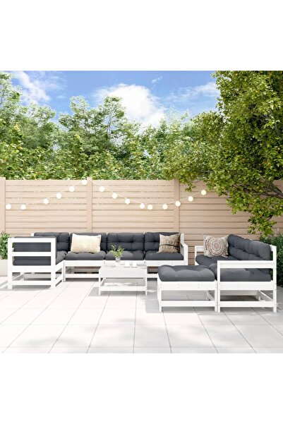 vidaxl Set mobilier de gradina cu perne, 10 piese, alb, lemn masiv