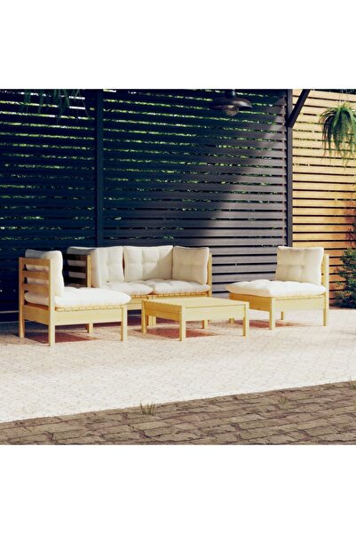 vidaxl Set mobilier gradina cu perne, 5 piese, crem, lemn de pin