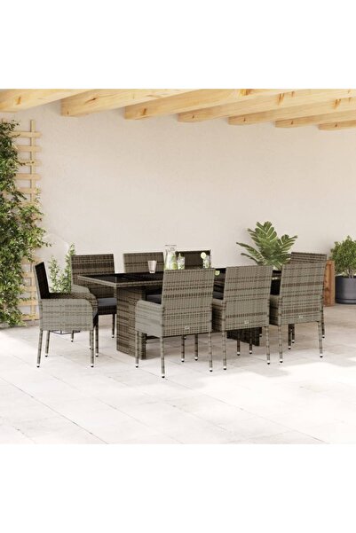 vidaxl Garden furniture set with cushions, 9 pieces, grey, polyrattan