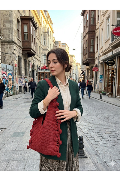 El yapım El örgüsü hasır çanta gül motifli kirmizi kâğıt ip çanta