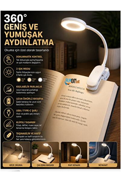 FLYONLOOK 360° Klipsli LED Kitap Arası Okuma Lambası Şarjlı Dokunmatik 3 Işık...