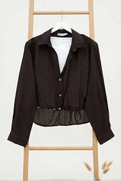 FERHEL Women's Crop Badyli Long Back and Front Gathered Shirt Set - Dark Brown