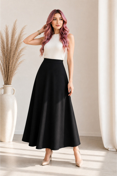 CATSPY Γυναικεία Μαύρη Πλεκτή Φούστα Scuba Crepe Casual Μήκος: 94-95 εκ.