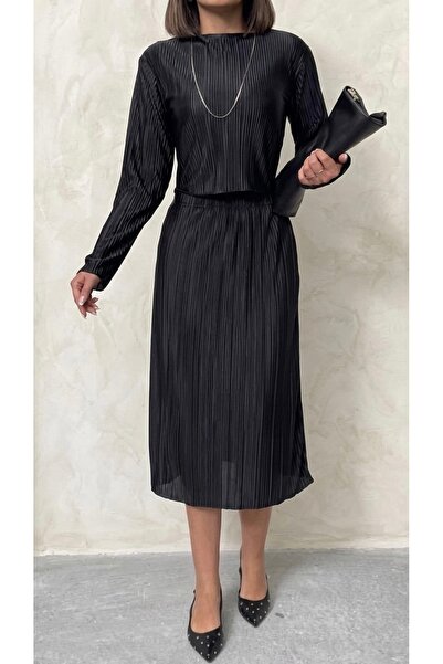 PELTEX Long Sleeve Midi Length Elastic Waist Pleated Satin Skirt Blouse Doubl...
