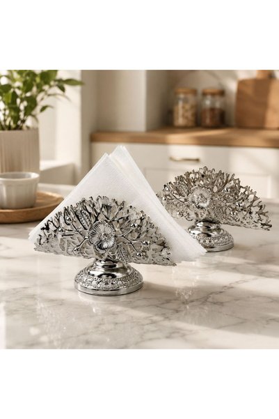Leila Suport de șervețele de prezentare din metal argintiu, decorat cu flori de lux - 2 bucăți