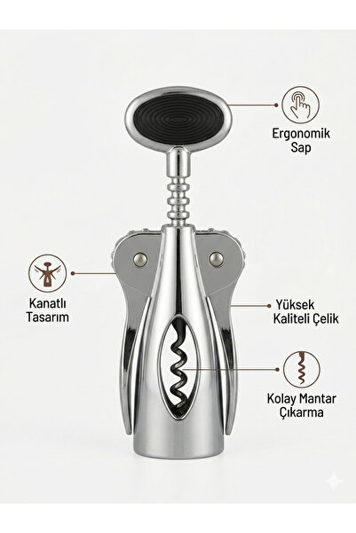 OLİVYA Premium Kanatlı Tirbuşon Ergonomik Saplı Kanatlı Şişe Açacağı Paslanma...